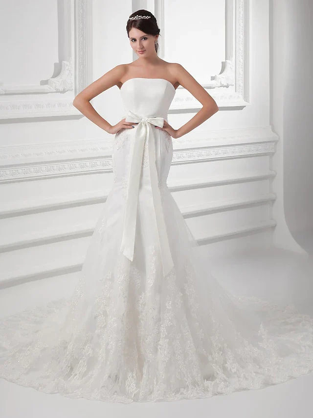 Wedding Dresses Strapless Chapel Train Lace Satin Tulle Strapless with Bow(s) Buttons Beading