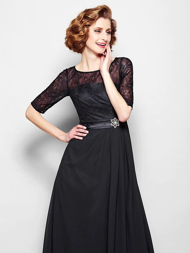 A-Line Mother of the Bride Dress Jewel Neck Floor Length Chiffon Lace Half Sleeve with Lace Sash Ribbon Crystal Brooch