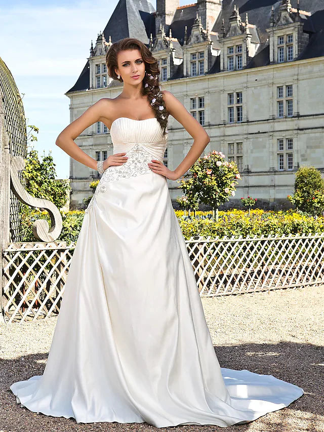 Princess A-Line Wedding Dresses Strapless Chapel Train Satin Sleeveless