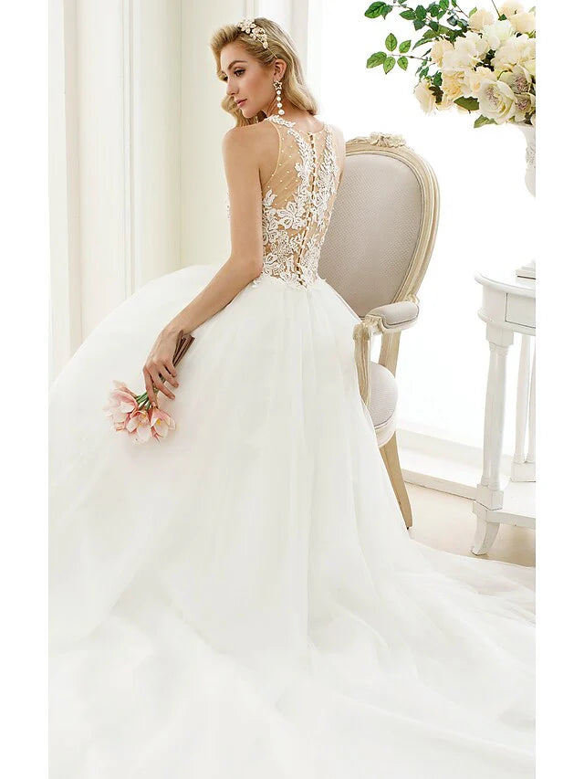 Ball Gown Wedding Dresses Jewel Neck Chapel Train Lace Tulle Lace Over Tulle Regular Straps See-Through Beautiful Back with Buttons Appliques