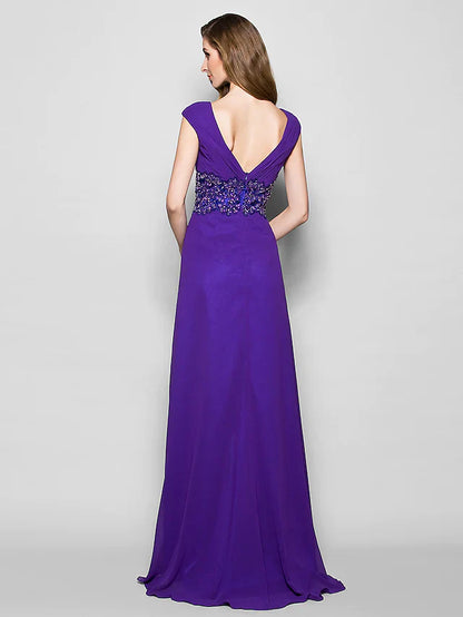 A-Line Mother of the Bride Dress Furcal Scoop Neck Satin Georgette Sleeveless with Crystals Beading Appliques