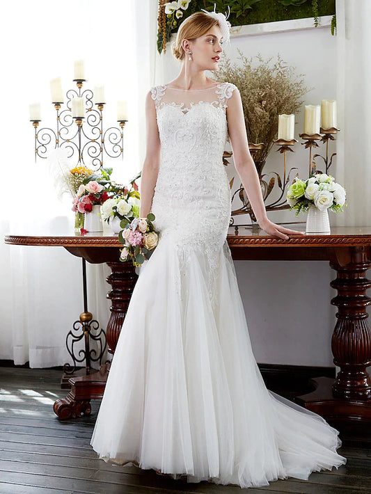 Wedding Dresses Illusion Neck Court Train Tulle Sleeveless Sparkle & Shine with Beading Appliques