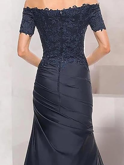 Mother of The Groom / Bride Dress Mermaid Cultivate oneself Elegant Vintage Off Shoulder V Neck Satin with Lace Ruched Fall Wedding Guest Dress