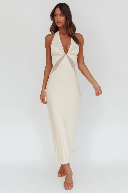 Champagne Satin Halter Neck Mesh Insert Ruched Midi Evening Dress