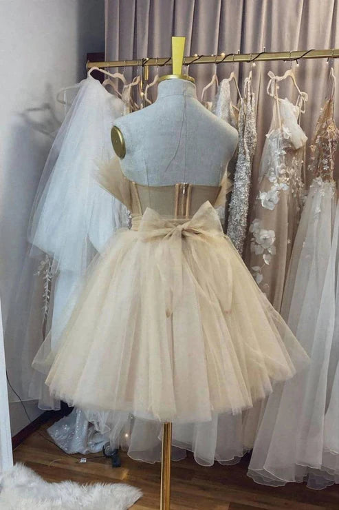 Short Homecoming Dress Sleeveless Strapless  Tulle With Bow Back