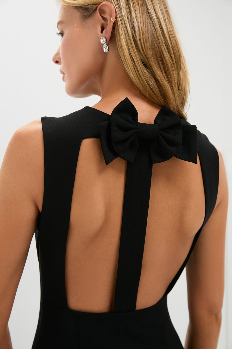 Chic Black Sleeveless Midi Dress with Open Back and Oversized Bow Detail, Evening Dresses