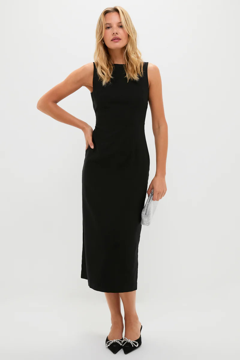 Chic Black Sleeveless Midi Dress with Open Back and Oversized Bow Detail, Evening Dresses