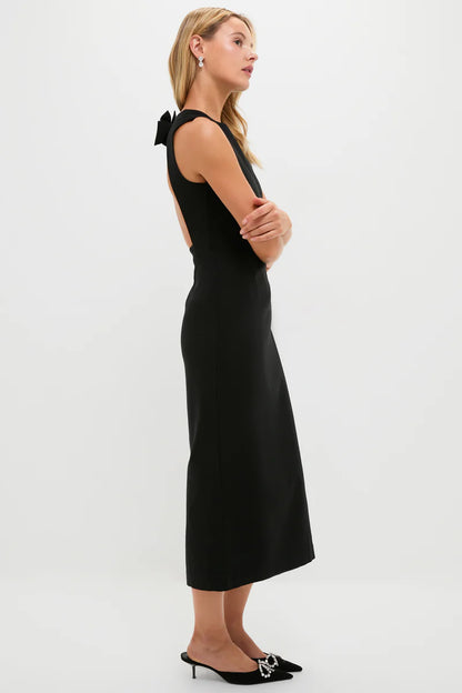 Chic Black Sleeveless Midi Dress with Open Back and Oversized Bow Detail, Evening Dresses