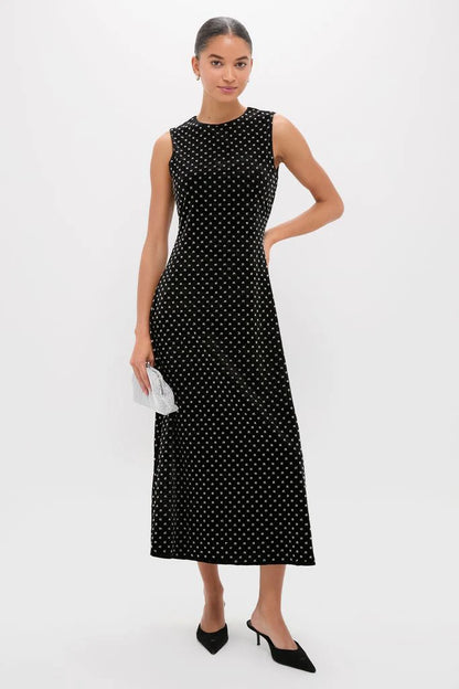 Chic Black Velvet Midi Dress with Sparkle Dot Detail and Crew Neck, Evening Dresses