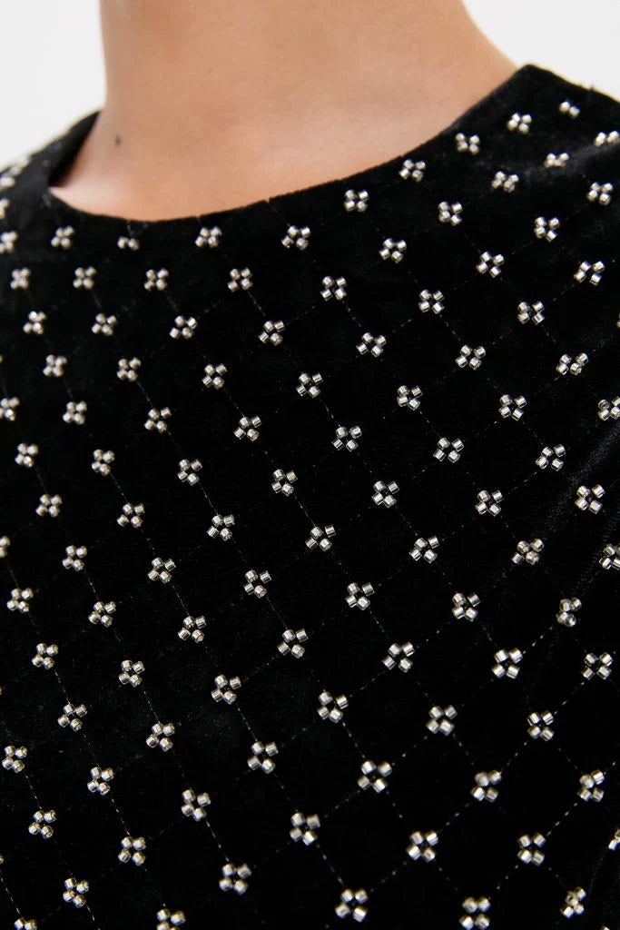 Chic Black Velvet Midi Dress with Sparkle Dot Detail and Crew Neck, Evening Dresses