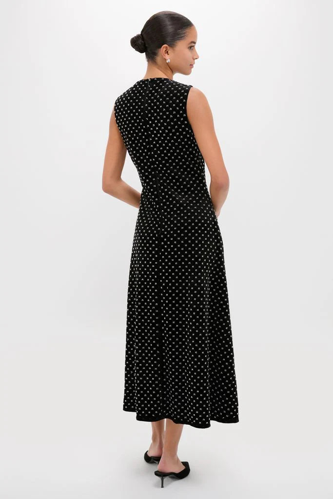 Chic Black Velvet Midi Dress with Sparkle Dot Detail and Crew Neck, Evening Dresses