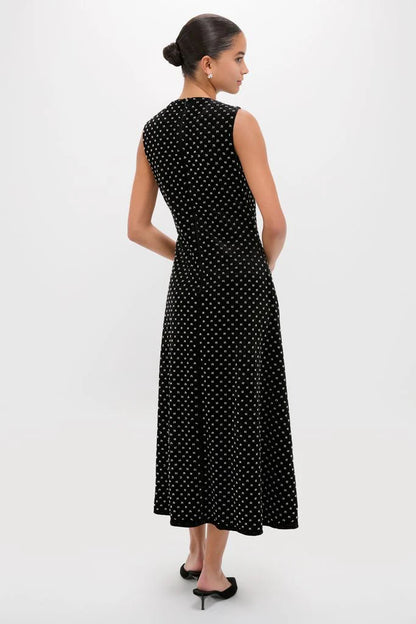 Chic Black Velvet Midi Dress with Sparkle Dot Detail and Crew Neck, Evening Dresses