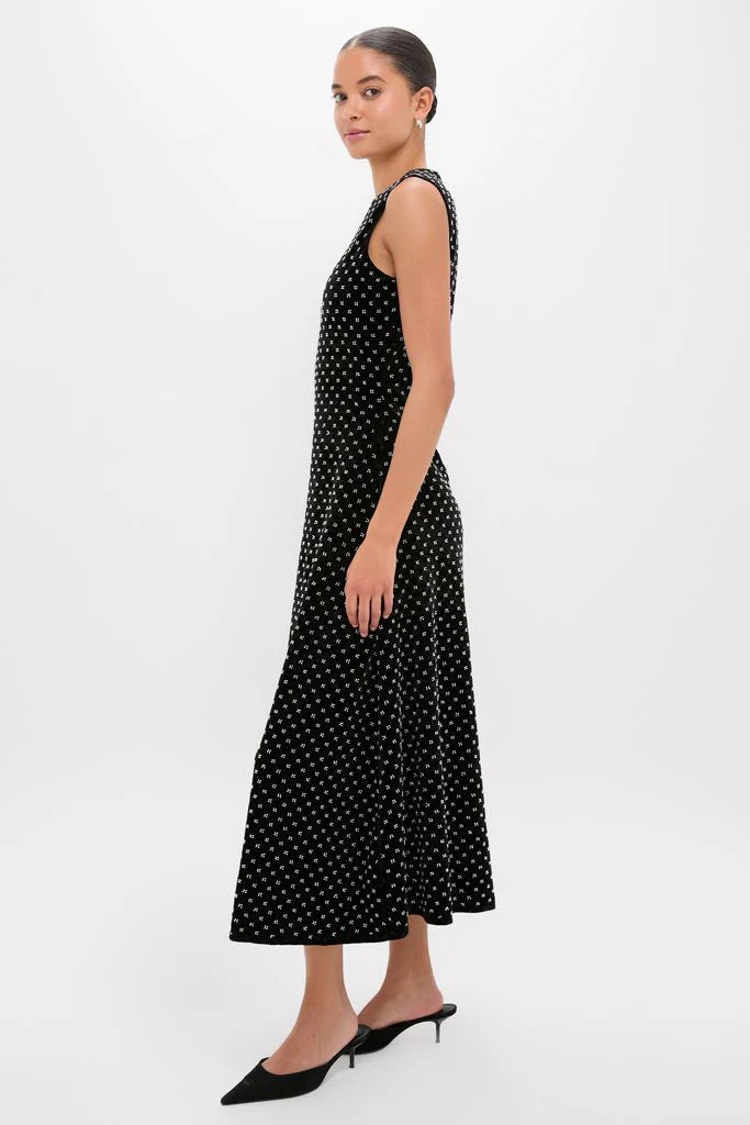 Chic Black Velvet Midi Dress with Sparkle Dot Detail and Crew Neck, Evening Dresses