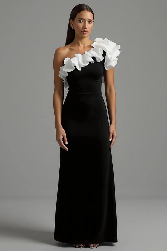 Chic Black and White One-Shoulder Ruffle Accent Mermaid Floor Length Evening Dress