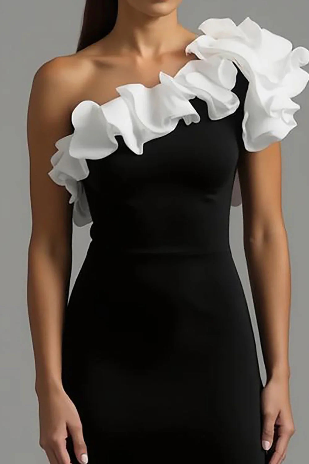 Chic Black and White One-Shoulder Ruffle Accent Mermaid Floor Length Evening Dress