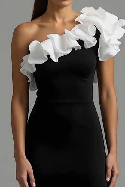 Chic Black and White One-Shoulder Ruffle Accent Mermaid Floor Length Evening Dress