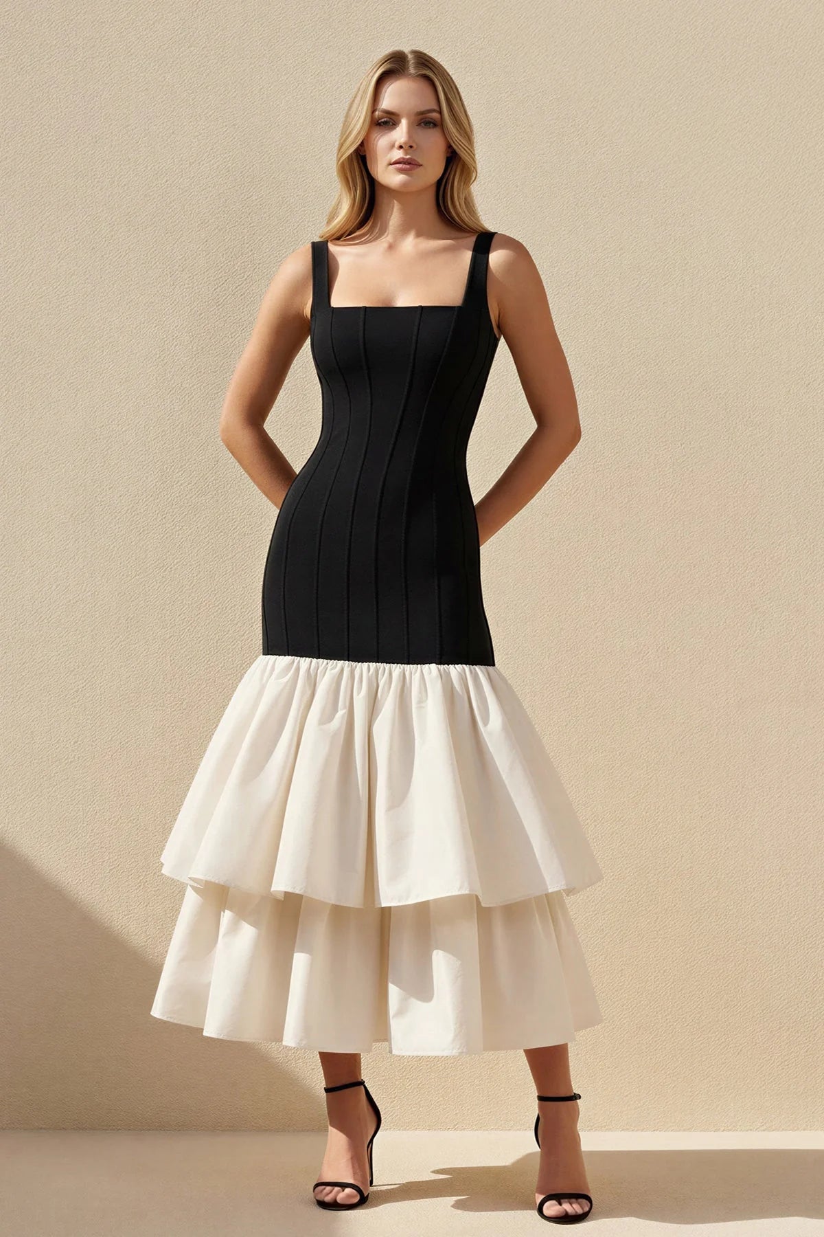 Chic Color-Block Square-Neck Sleeveless Tiered-Ruffle Midi Evening Dress