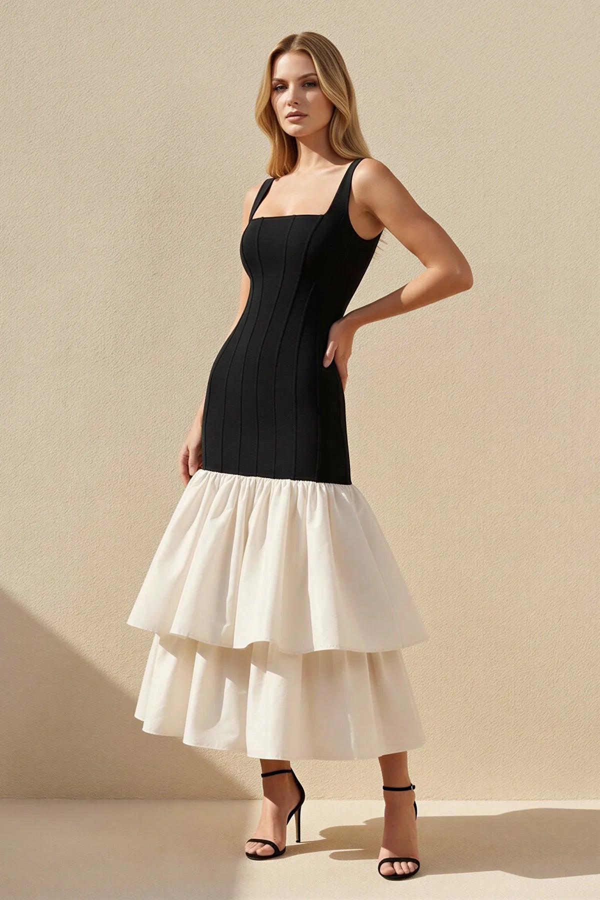 Chic Color-Block Square-Neck Sleeveless Tiered-Ruffle Midi Evening Dress