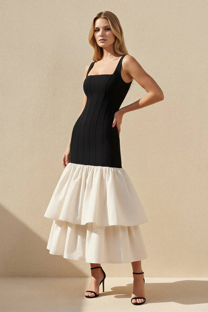 Chic Color-Block Square-Neck Sleeveless Tiered-Ruffle Midi Evening Dress