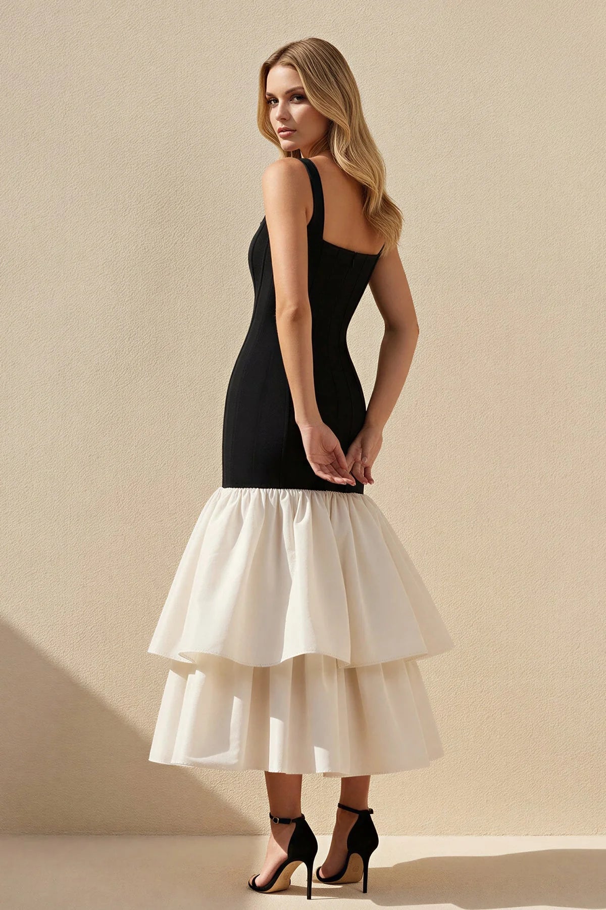 Chic Color-Block Square-Neck Sleeveless Tiered-Ruffle Midi Evening Dress