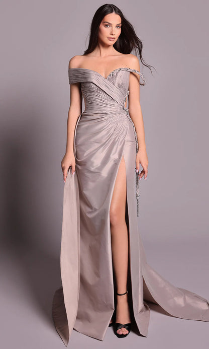 Chic Dusty Sage Satin Off-Shoulder Rhinestone Cutout Fitted A-Line Train Evening Dress