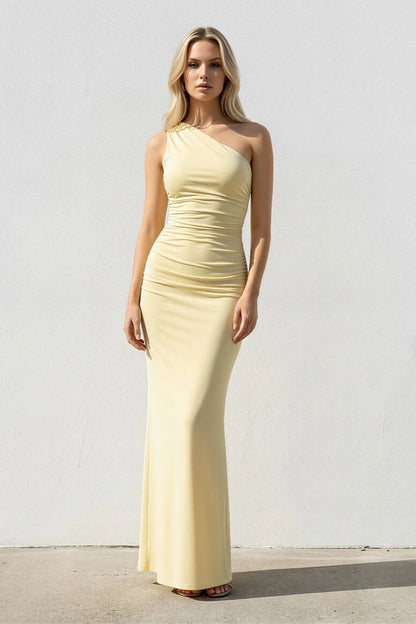 Chic Ruched One-Shoulder Sleeveless Slit-Back Long Evening Dress