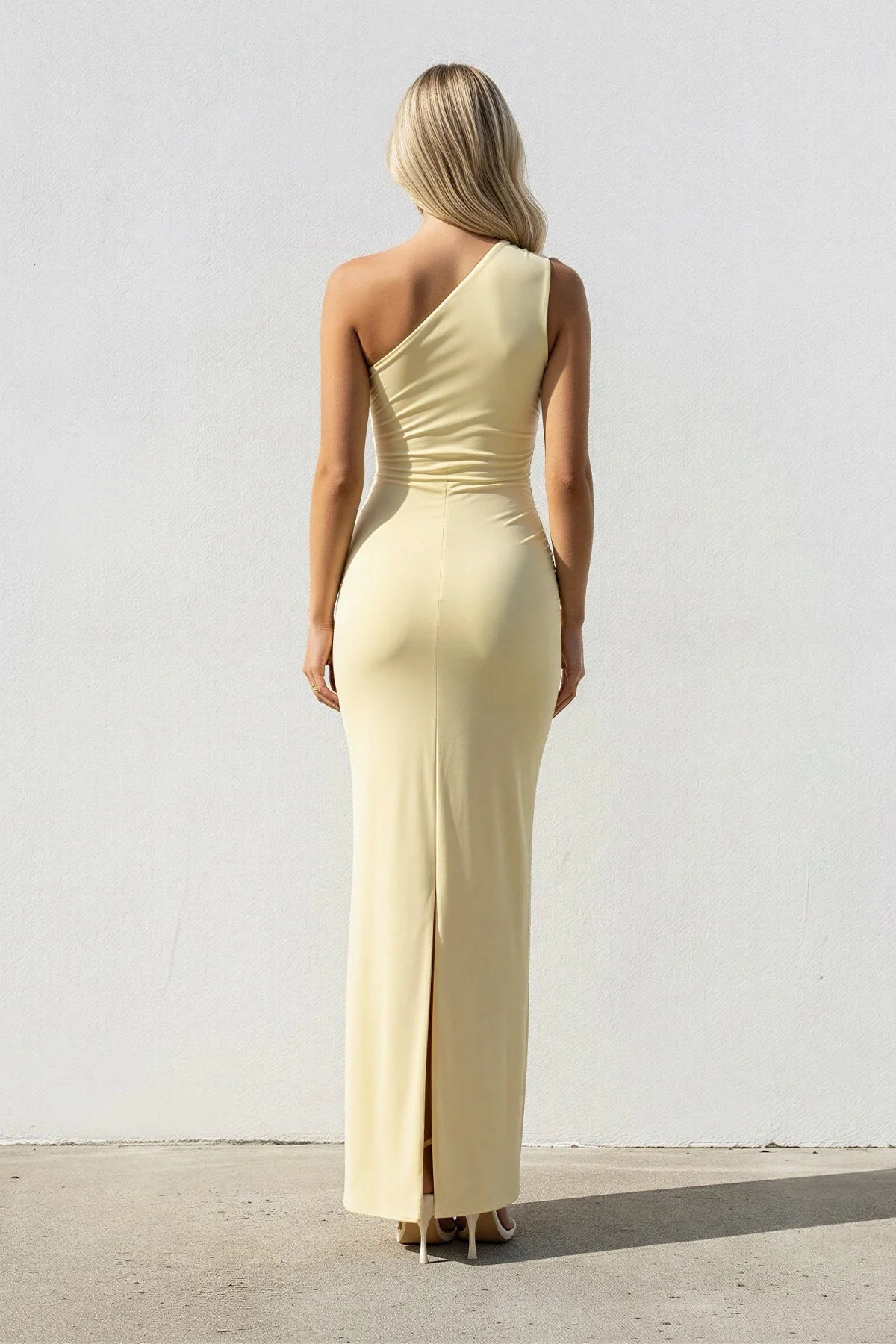 Chic Ruched One-Shoulder Sleeveless Slit-Back Long Evening Dress