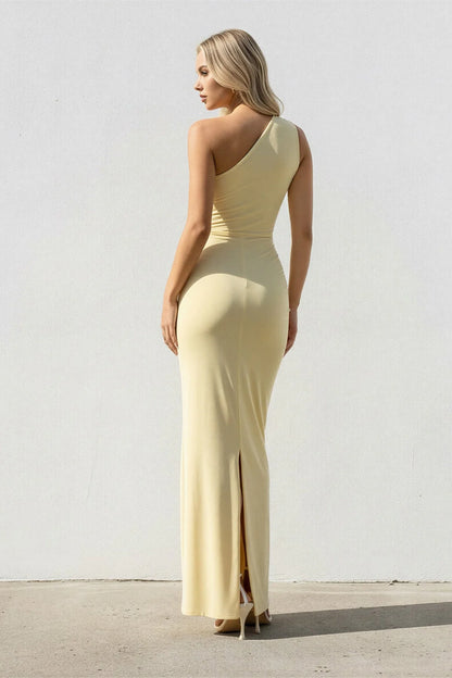 Chic Ruched One-Shoulder Sleeveless Slit-Back Long Evening Dress