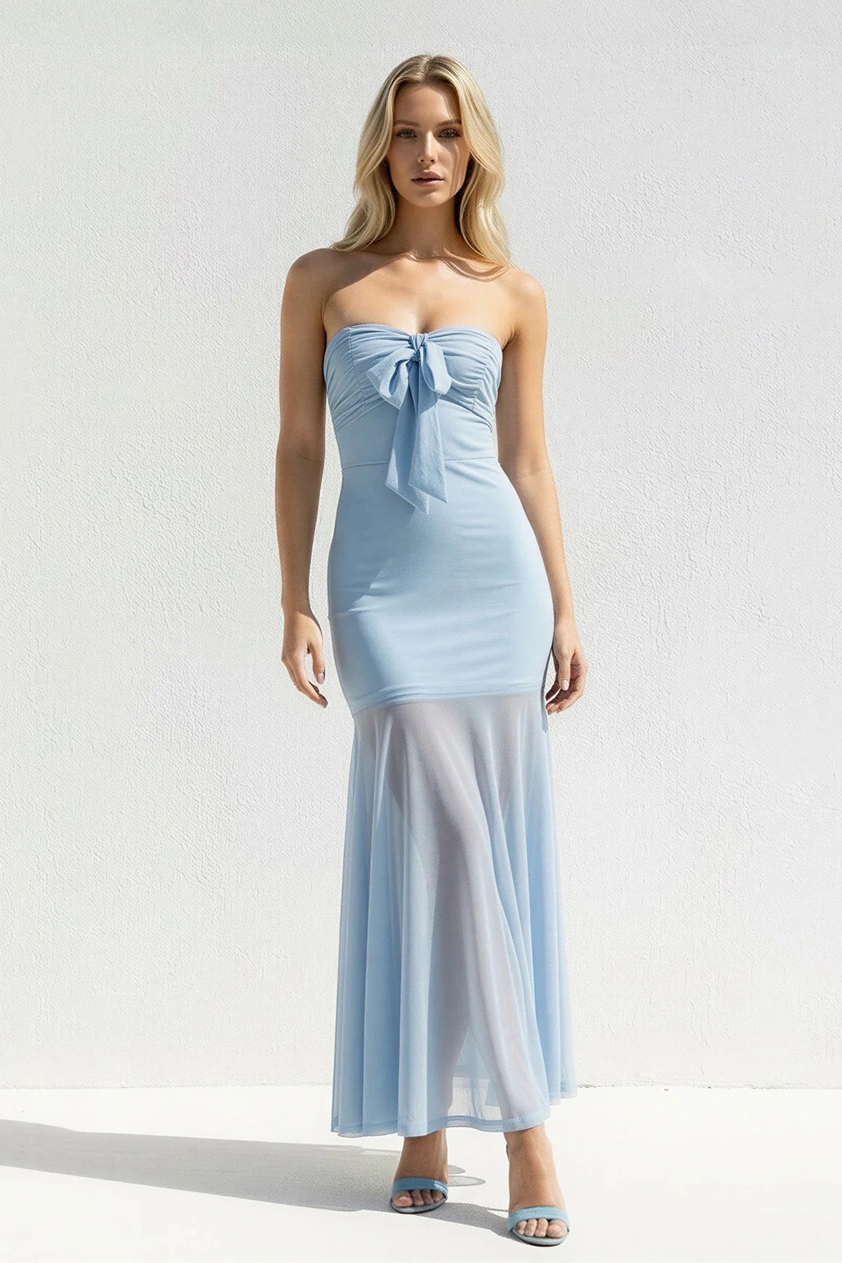 Chic Strapless Bow-Accent Cutout Sheer-Panel Long Evening Dress
