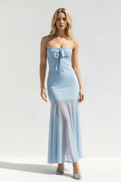 Chic Strapless Bow-Accent Cutout Sheer-Panel Long Evening Dress