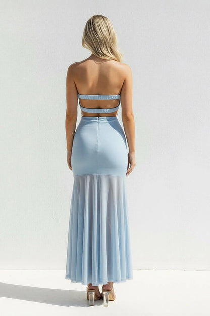 Chic Strapless Bow-Accent Cutout Sheer-Panel Long Evening Dress