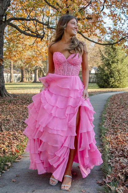 Sweetheart Lace Chiffon Corset Long Prom Dresses Ruffle