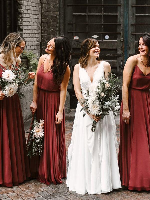 Chiffon Long Bridesmaid Dresses A-line Spaghetti Straps Gowns