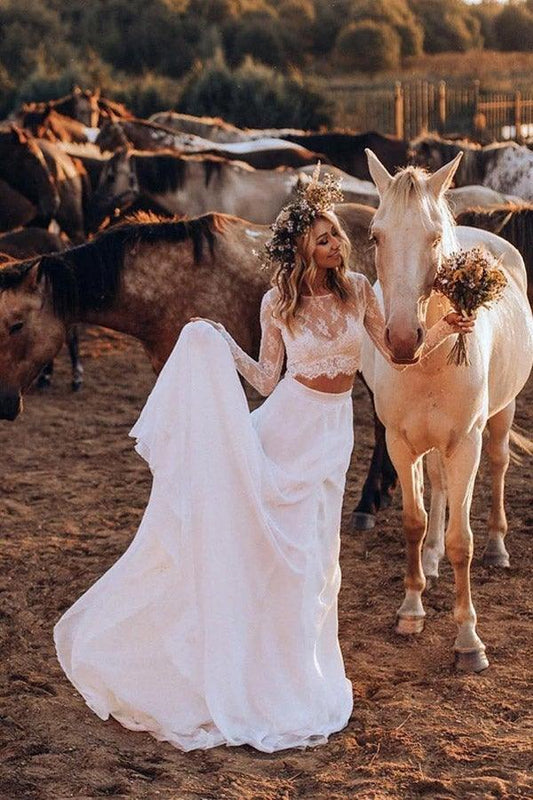 Chiffon Two Pieces Wedding Dresses A-line Long Sleeves Bridal Gown