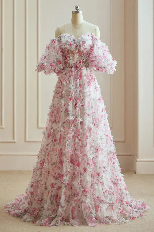 Flower Fairy White Fuchsia Multi-Colors Floral Prom Dresses