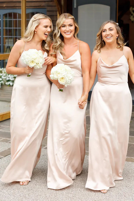 Cowl Neck Spaghetti Strap Champagne Bridesmaid Dress