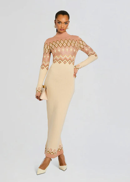 Cozy Dusty Pink & Ivory Fair Isle Knit Turtleneck Long Sleeve Floor-Length Evening Dress