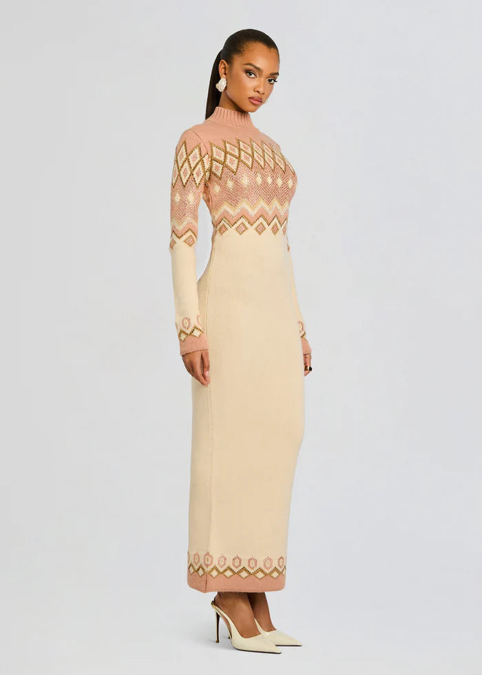 Cozy Dusty Pink & Ivory Fair Isle Knit Turtleneck Long Sleeve Floor-Length Evening Dress