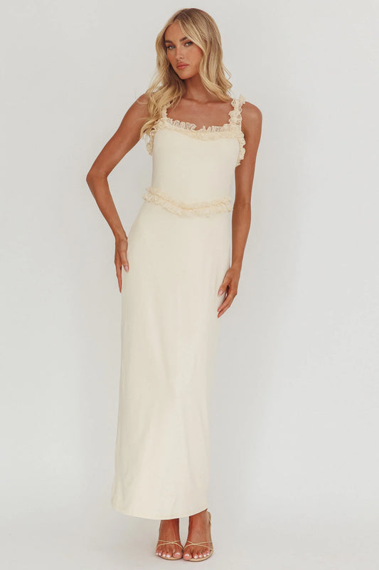 Cream Lace Ruffle Trim Square Neck Maxi Evening Dress
