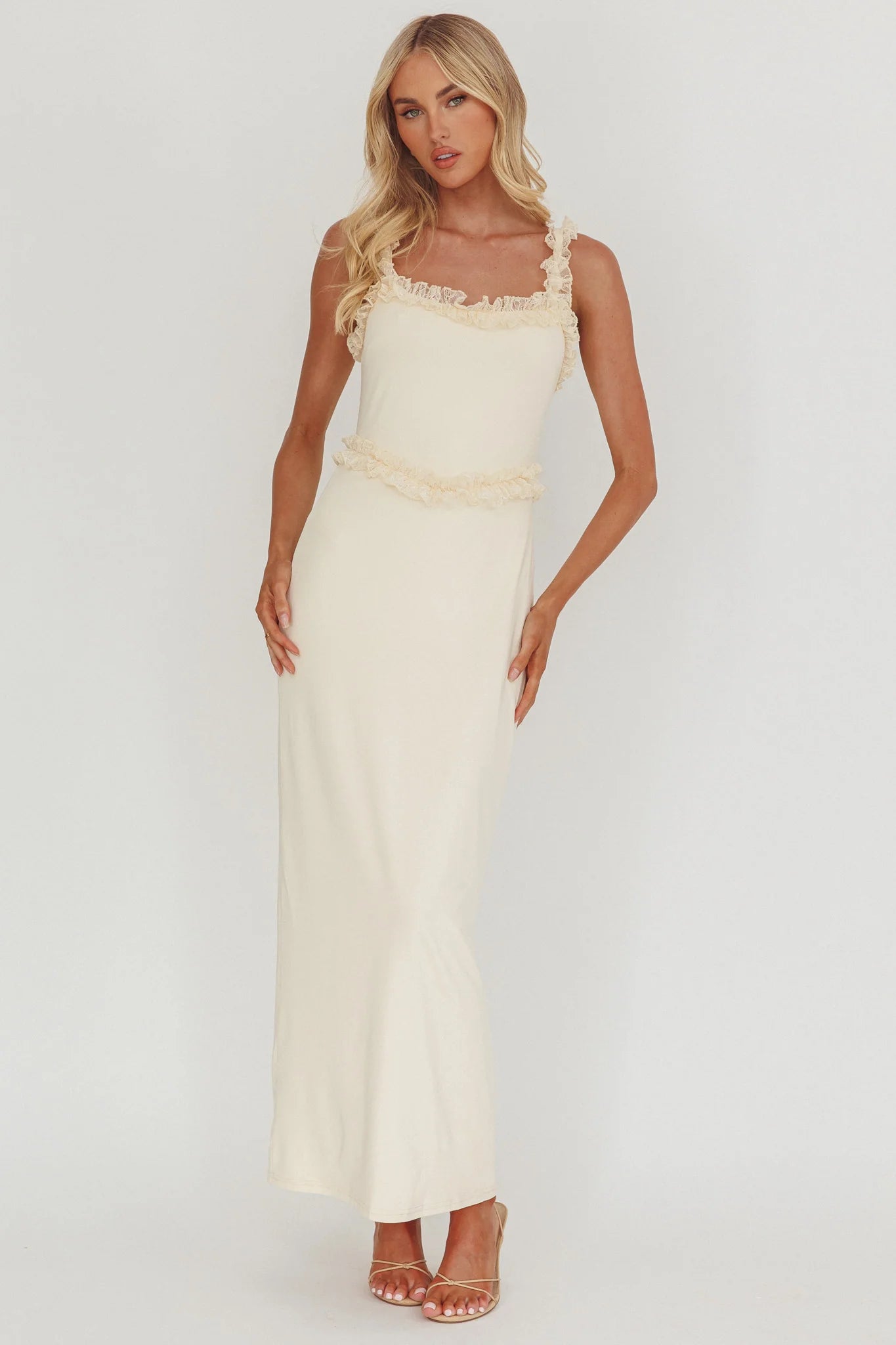 Cream Lace Ruffle Trim Square Neck Maxi Evening Dress