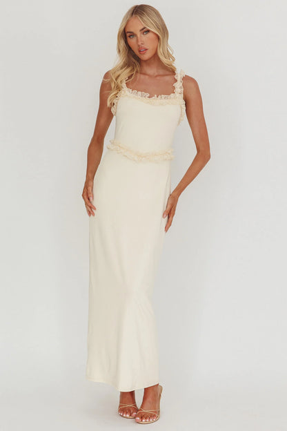 Cream Lace Ruffle Trim Square Neck Maxi Evening Dress