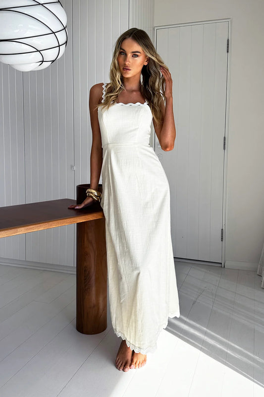 Cream Linen Scallop Trim Tie Back Maxi Evening Dress
