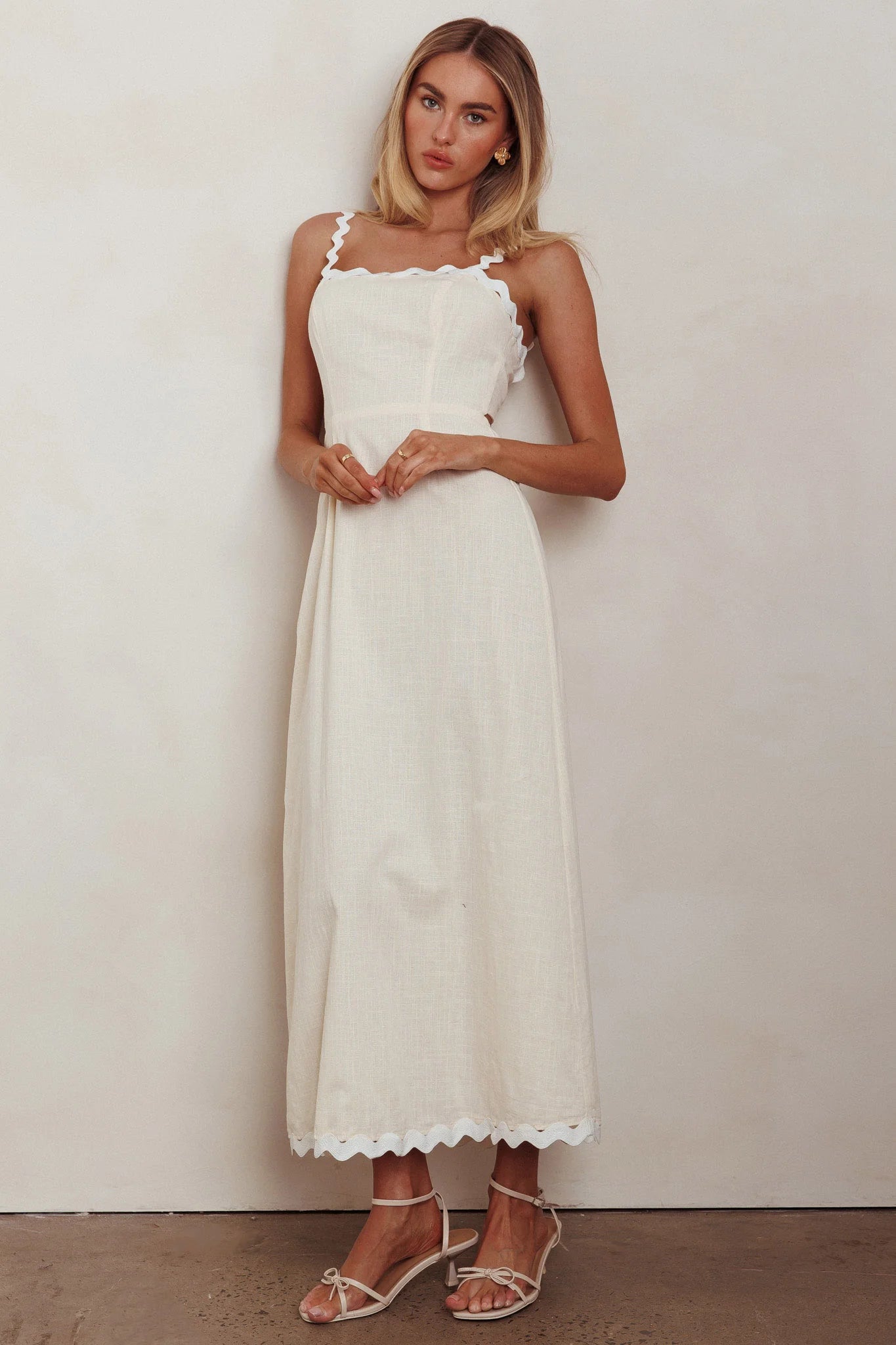 Cream Linen Scallop Trim Tie Back Maxi Evening Dress