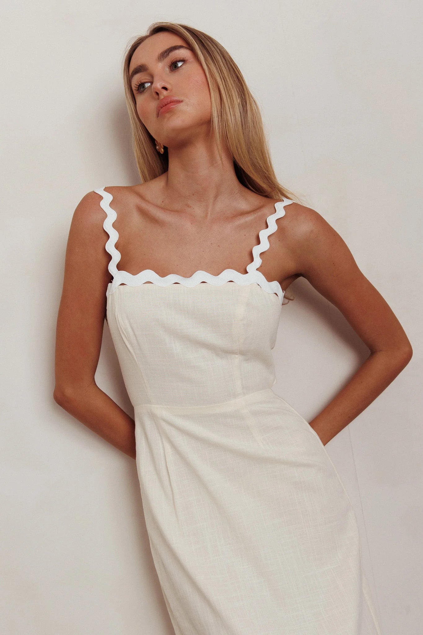 Cream Linen Scallop Trim Tie Back Maxi Evening Dress