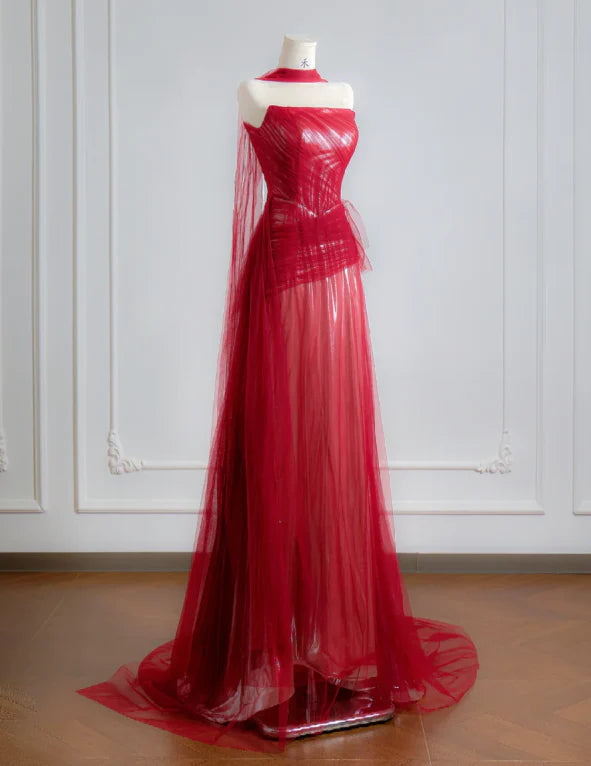 Crimson Red Strapless Ruched Tulle High-Slit Detachable Capelet Sweeping Train Evening Dress