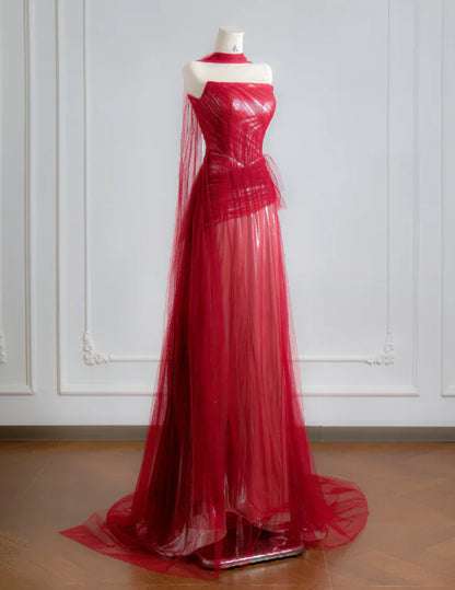 Crimson Red Strapless Ruched Tulle High-Slit Detachable Capelet Sweeping Train Evening Dress