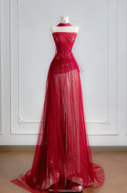 Crimson Red Strapless Ruched Tulle High-Slit Detachable Capelet Sweeping Train Evening Dress