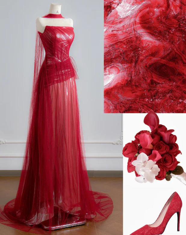 Crimson Red Strapless Ruched Tulle High-Slit Detachable Capelet Sweeping Train Evening Dress