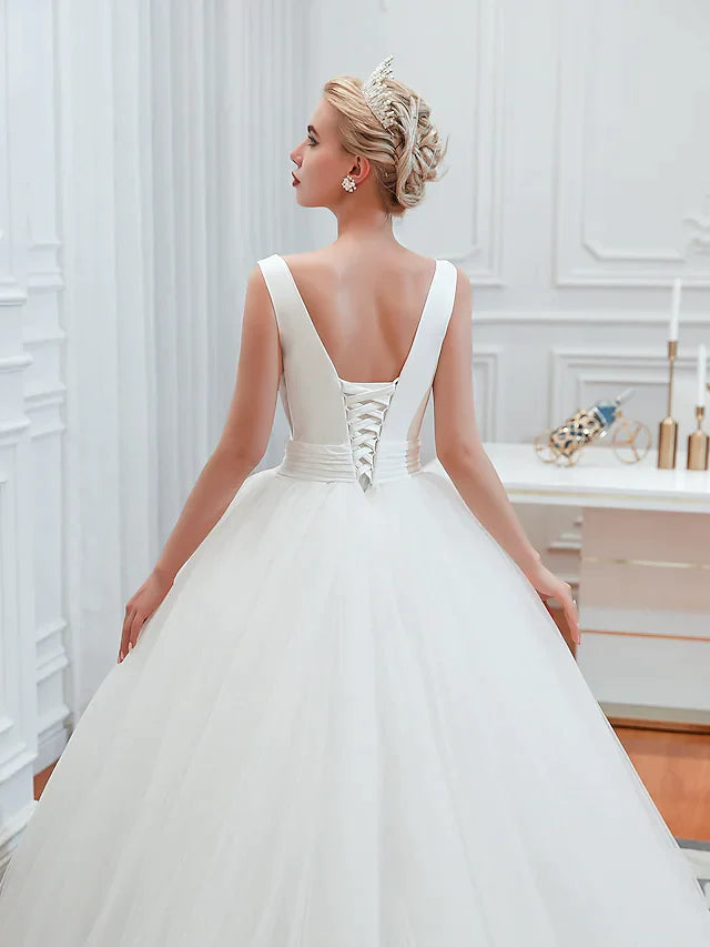 Ball Gown Wedding Dresses V Neck Court Train Tulle Regular Straps Simple Glamorous Backless with Ruched