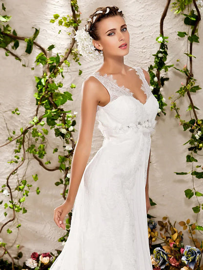 Wedding Dresses V Neck Chapel Train Lace Sleeveless